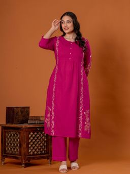 ARAMYA - Women Pink Cotton Embroidered Kurta with Pant