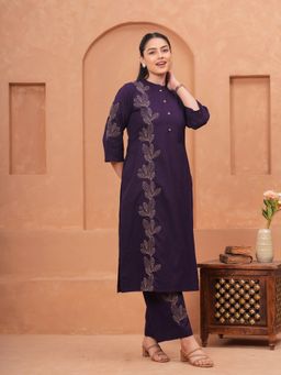 ARAMYA - Women Purple Cotton Embroidered Kurta with Pant