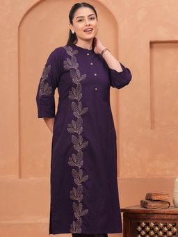 ARAMYA - Purple Soft Cotton Straight Floral Kurta