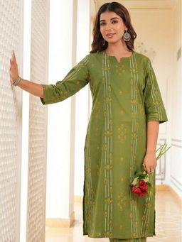ARAMYA - Green Soft Cotton Straight Geometric Print Kurta