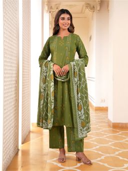 ARAMYA - Women Green Cotton Abstract Kurta with Pant and Dupatta