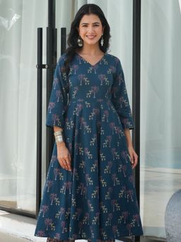 ARAMYA - Blue Soft Cotton Angrakha Print Kurta