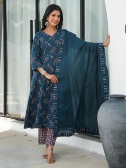 ARAMYA - Women Blue Cotton Animal Print Kurta with Pant and Dupatta