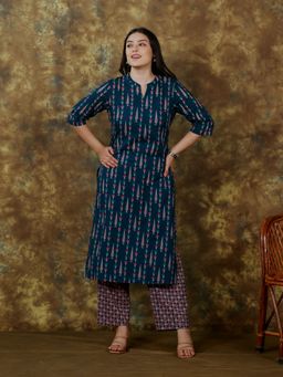 ARAMYA - Women Blue Cotton Geometric Kurta with Pant