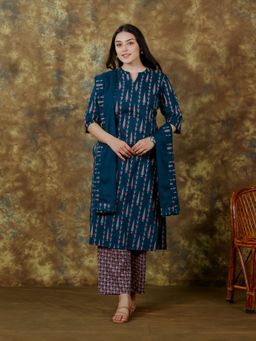ARAMYA - Women Blue Cotton Geometric Kurta with Pant and Dupatta