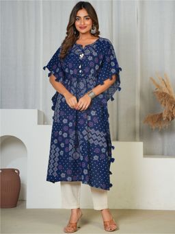 ARAMYA - Women Blue Cotton Geometric Kaftan Kurta with Pant