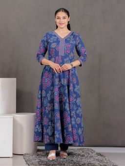 ARAMYA - Women Blue Cotton Printed Kurta with Pant