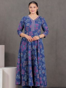 ARAMYA - Women Blue Soft Cotton Floral Print Kurta