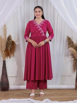ARAMYA - Women Pink Cotton Floral Kurta with Palazzos