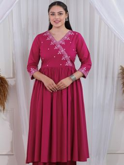 ARAMYA - Pink Soft Cotton Angrakha Floral Kurta
