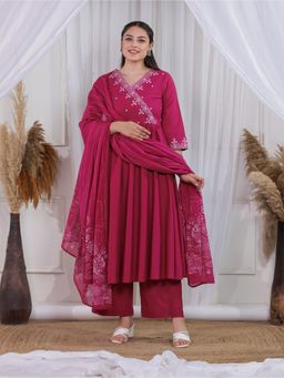 ARAMYA - Women Pink Cotton Floral Kurta with Palazzos and Dupatta
