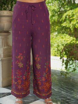 ARAMYA - Women Purple Viscose Placement Print Pant