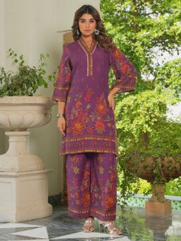 ARAMYA - Women Mauve Viscose Floral Kurta with Palazzos