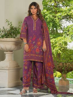 ARAMYA - Women Mauve Viscose Floral Kurta with Palazzos and Dupatta