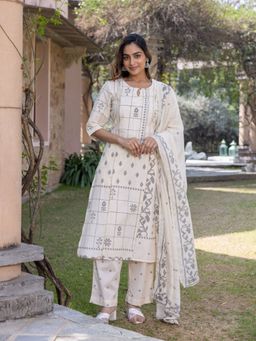 ARAMYA - Women Cream Cotton Geometric Kurta with Pant and Dupatta