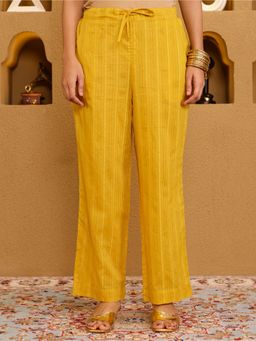 ARAMYA - Women Yellow Lurex Cotton Striped Pant
