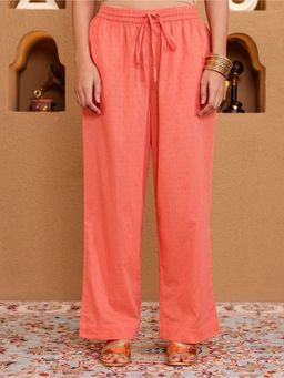 ARAMYA - Women Peach Cotton Dobby Solid Pant