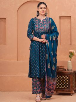 ARAMYA - Women Blue Cotton Floral Kurta with Pant and Dupatta