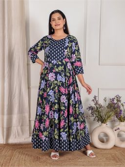 ARAMYA - Women Blue Cotton Floral Anarkali Kurta with Pant
