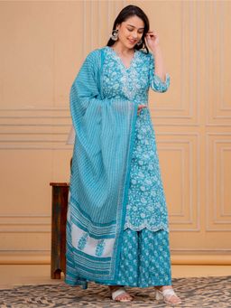 ARAMYA - Women Turquoise Cotton Floral Kurta with Sharara and Dupatta