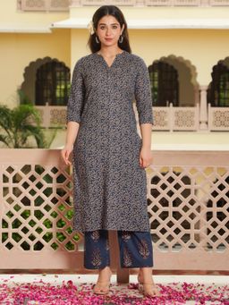 ARAMYA - Women Blue Cotton Floral Kurta with Pant