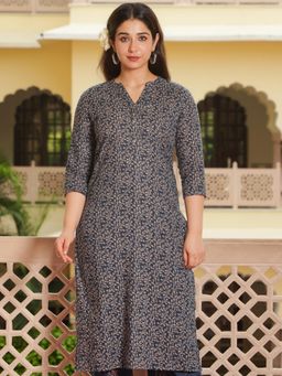 ARAMYA - Women Blue Soft Cotton Straight Floral Print Kurta