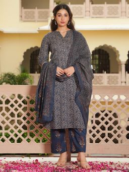 ARAMYA - Women Blue Cotton Floral Kurta with Pant and Dupatta