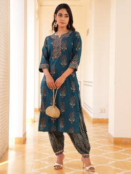 ARAMYA - Women Blue Cotton Floral Kurta with Salwar