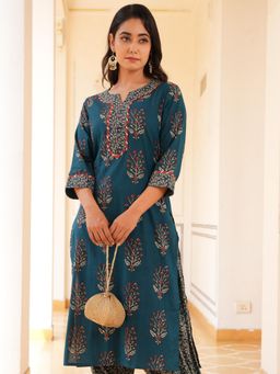 ARAMYA - Blue Soft Cotton Straight Floral Print Kurta