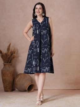 Kami Kubi - Women Blue Printed A-Line Cotton Dress