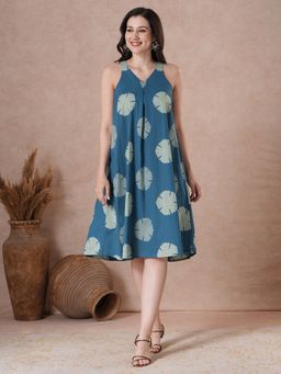 Kami Kubi - Women Cobalt Blue Printed Box Pleat A-Line Dress
