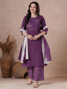 Kami Kubi - Women Cotton Purple Kurta with Palazzo and Dupatta