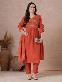 Kami Kubi - Women Orange Embroidered Yoke Kurta with Pant and Dupatta
