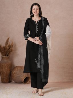 Kami Kubi - Women Black Hand Block Printed Kurta with Pant and Dupatta