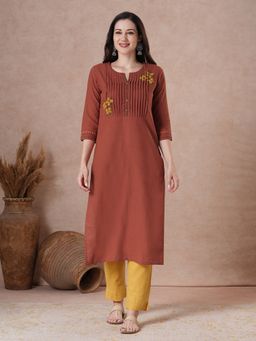 Kami Kubi - Women Rust Cotton Floral Kurta