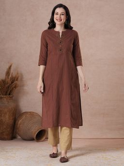 Kami Kubi - Women Brown Cotton Stripes Kurta