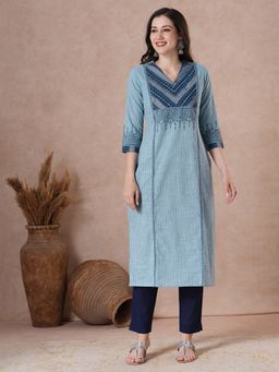 Kami Kubi - Women Blue Cotton Stripe Printed Kurta