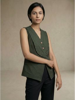 ZNKL - X Shape Pleated Army Olive Top