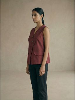 ZNKL - V Shape Pleated Burgundy Top