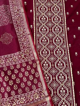 Paisley - Women Maroon Chanderi Embroidered Unstitched Kurta With Pant And Dupatta