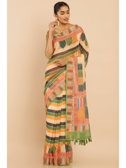 Soch - Women Green Linen Stripes Saree with Unstitched Blouse
