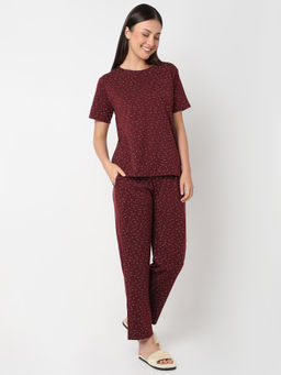Smarty Pants - Women's Cotton Lycra Maroon Star Print Top with Pajama (Set of 2)