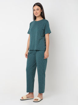 Smarty Pants - Women's Cotton Lycra Teal Star Print Top with Pajama (Set of 2)
