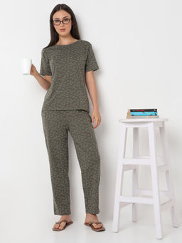 Smarty Pants - Women's Cotton Lycra Olive Heart Print Top with Pajama (Set of 2)