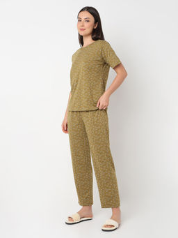 Smarty Pants - Women's Cotton Lycra Dark Mustard Heart Print Top with Pajama (Set of 2)