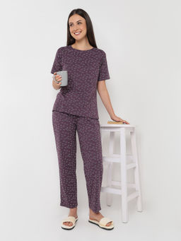 Smarty Pants - Women's Cotton Lycra Purple Heart Print Top with Pajama (Set of 2)