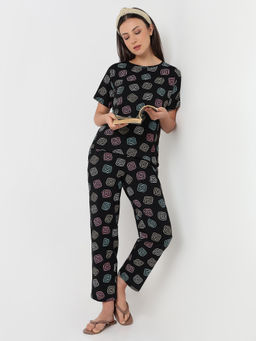 Smarty Pants - Women's Cotton Lycra Black Print Top with Pajama (Set of 2)