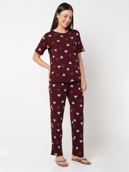 Smarty Pants - Women's Cotton Lycra Maroon Heart Print Top with Pajama (Set of 2)