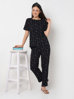 Smarty Pants - Women's Cotton Lycra Black Floral Print Top with Pajama (Set of 2)