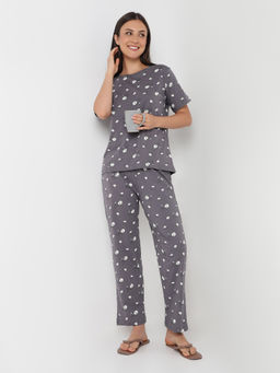 Smarty Pants - Women's Cotton Lycra Grey Print Top with Pajama (Set of 2)